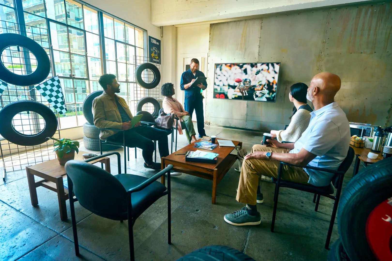 Customers in a tire shop waiting area watching DIRECTV