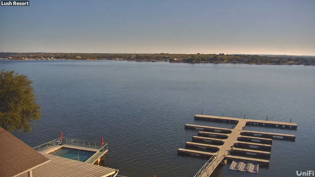 Live camera view over Possum Kingdom Lake from Lush Resort, with the resort pool and boat docks below