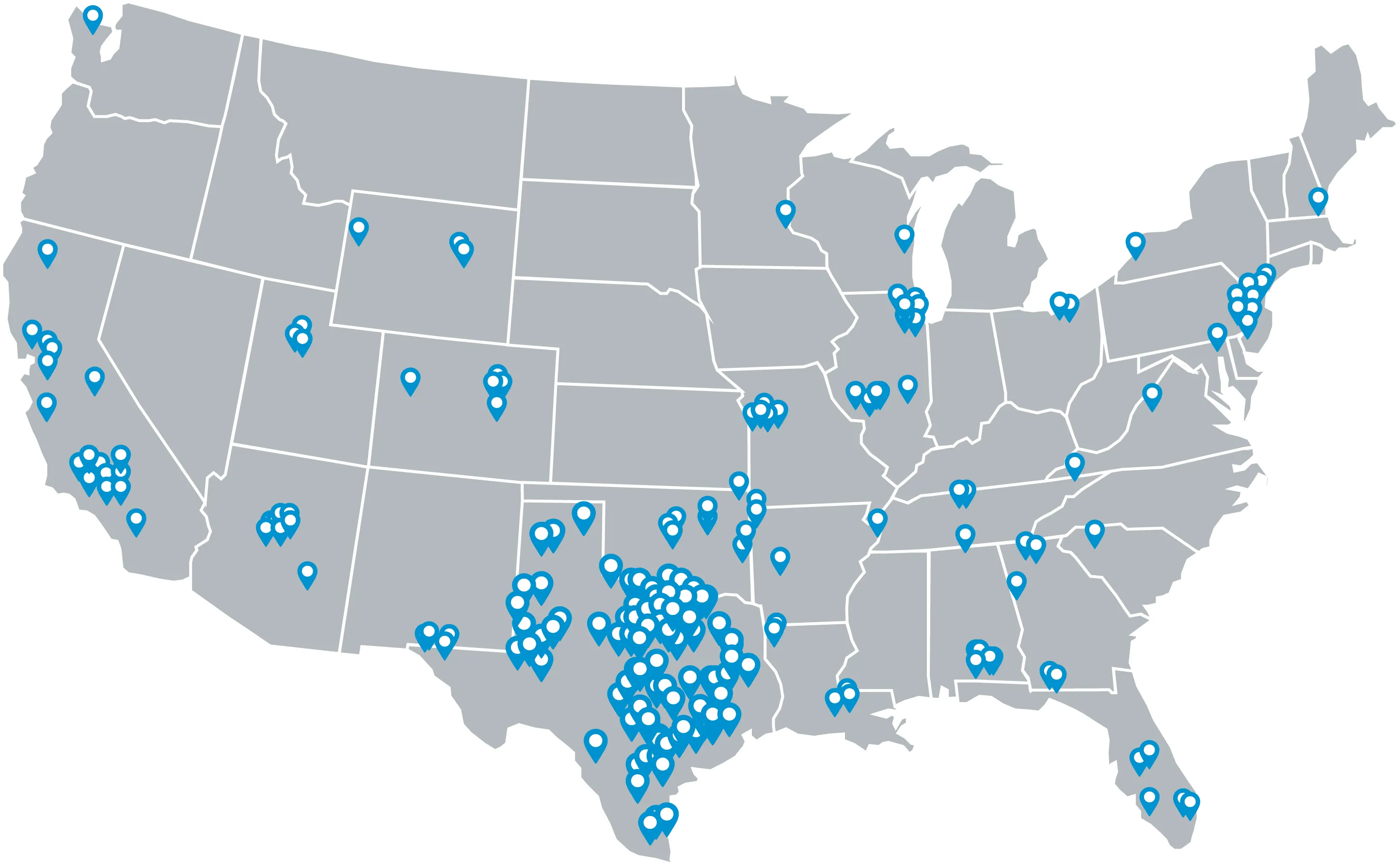 Map of the United States showing Platinum service locations, concentrated in Texas